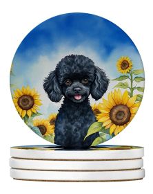 Black Poodle in Sunflowers Large Sandstone Coasters Pack of 4 Absorbent Round Coasters Decor Gifts for Men or Women, 4 in, Multicolor
